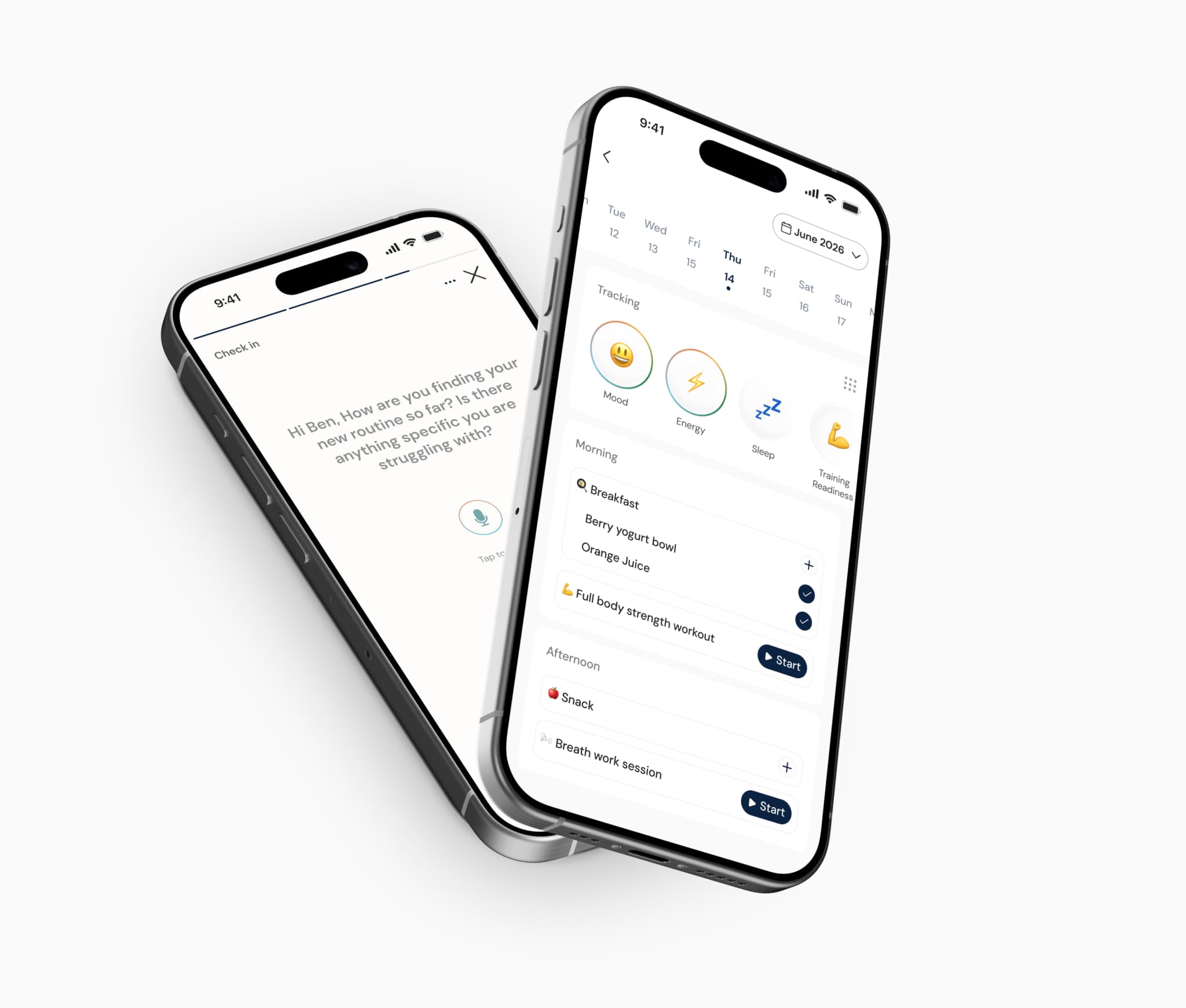 The Lifestack app showing a daily plan and a wellness check-in